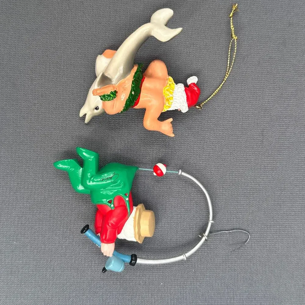 VTG 1991 Hallmark Quinn Surfing Dolphin & Fishing Santa Ornaments Lot 2 Kitschy